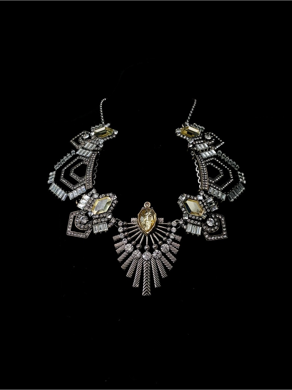 Gunmetal Silver-Tone + Champagne Citrine Sunburst Pendant Statement Necklace